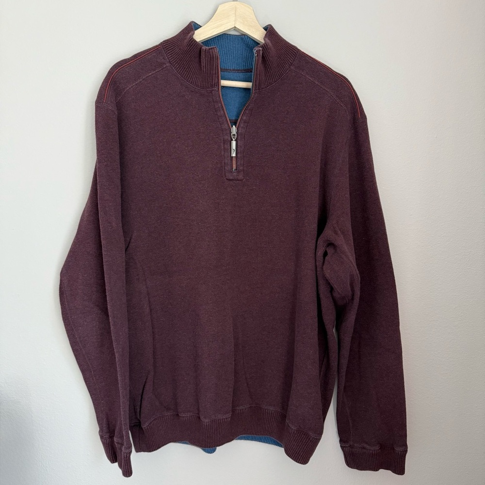Tommy Bahama 1/4 Zip Sweater Reversible Purple/Plum and Blue Missing Size Tag